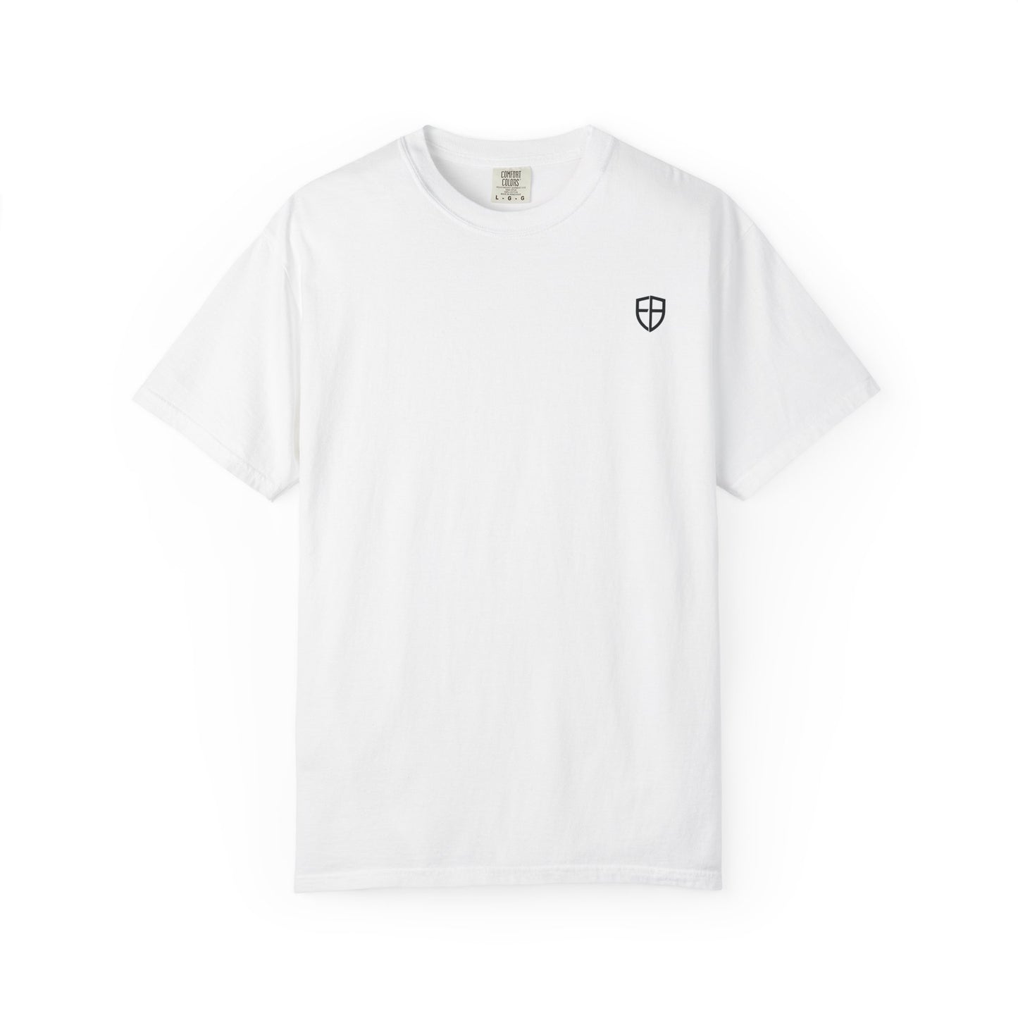 White t-shirt with a small logo on a white background