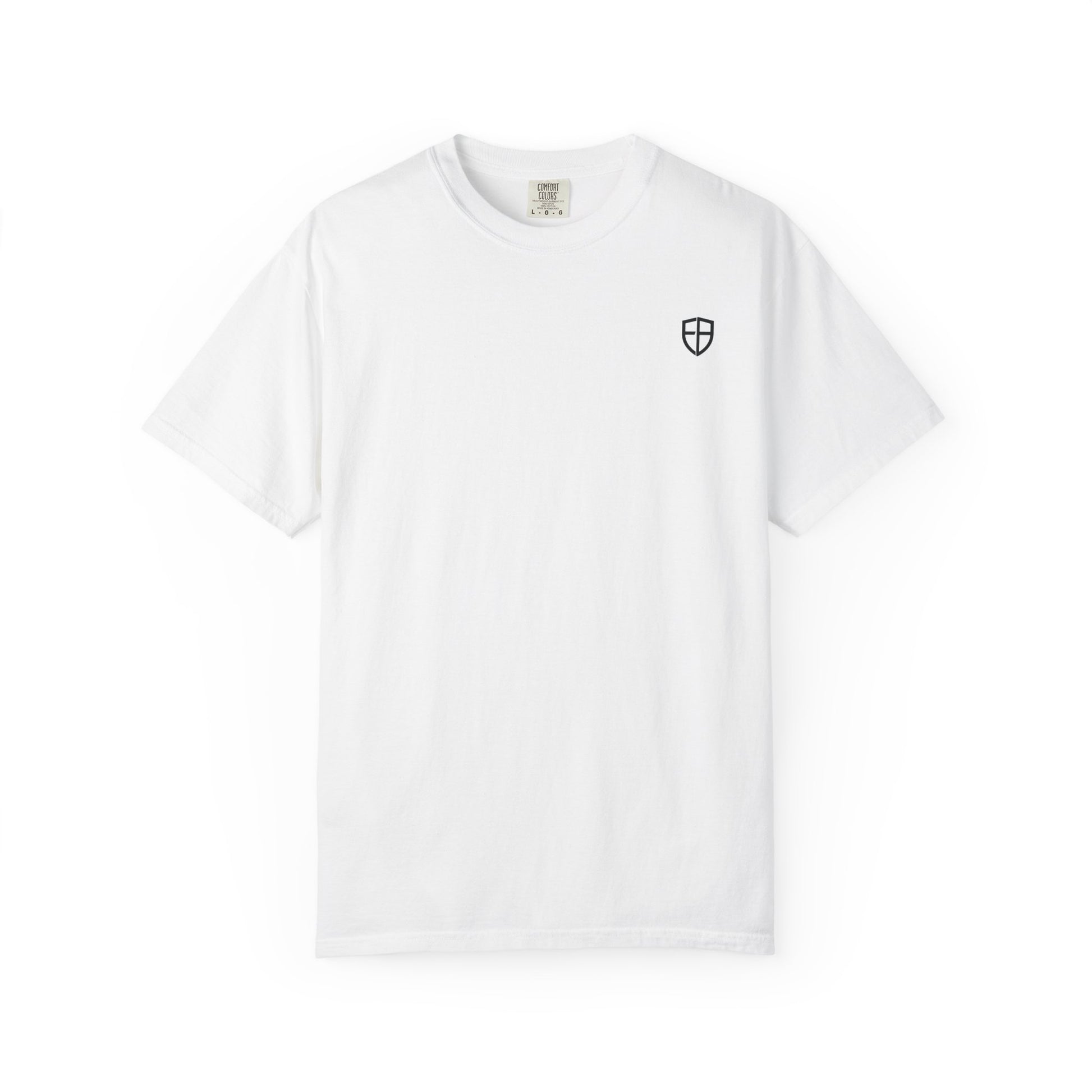 White t-shirt with a small logo on a white background