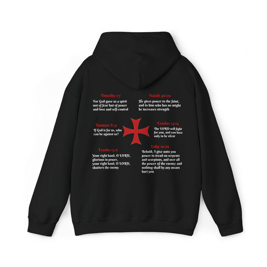 Crusader Shield Hoodie — Medieval Cross Emblem with Inspirational Scriptures